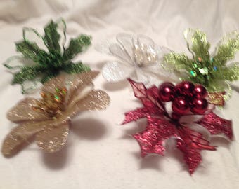 5 Glittered Flower Clips Red White Gold Green