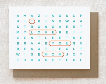 Mother's Day Card, Mom Birthday card, Birthday Card for Mom, Mother's Day Gift, Card for Mum, Card for Mother - Mom Wordsearch