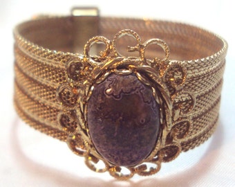 Vintage Mesh Buckle Bracelet with Purple Agate Stone