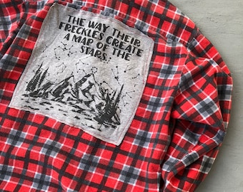 90s Grunge Flannel Plaid Freckles // Punk Recycled 90s Flannel // Freckles Stars Map Shirt