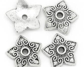 10 large stars/hearts in antique silver bead caps