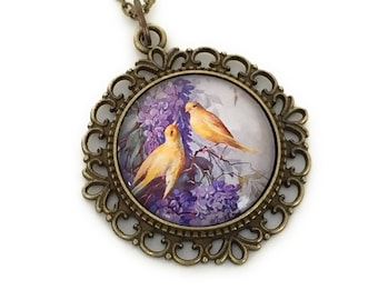 Lilac and Canary necklace - Bird necklace - Vintage style pendant necklace - Gift for women - Mother's Day