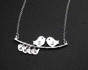 Mother's Day Gift, Silver or Gold Initial Lovebirds Necklace, Monogram Baby Bird Charm, Kissing Lovebirds Branch Necklace