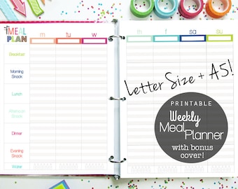 Weekly Meal Planner, Printable Inserts, Menu planner, Weight Loss, Letter Size, a5 planner, filofax, happy planner, discbound inserts