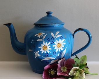 Vintage French Blue Enamel Teapot with Daisies