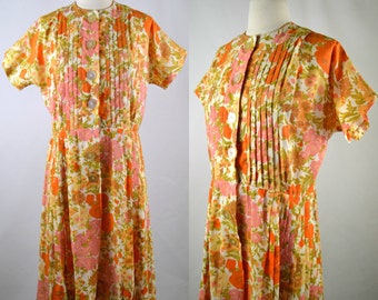 1950s Bright Floral Print Side Pleated Shirtwaist Dress by Tucker Grossman Design