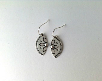 flower leaf earrings, hand forged, sterling silver, everyday earrings