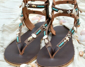 Boho Leather Sandals, Gladiator Sandals, Bohemian Sandals, Festival Sandals, Greek Sandals, Pom Pom Sandals, Summer Sandals