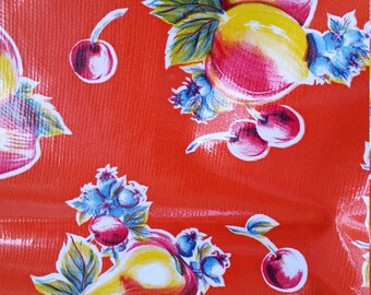 RED Pieces OILCLOTH fabric, vintage oilcloth fabric, fruit clusters oil cloth, Grapes, cherries peaches oilcloth, oilcloth tablecloth