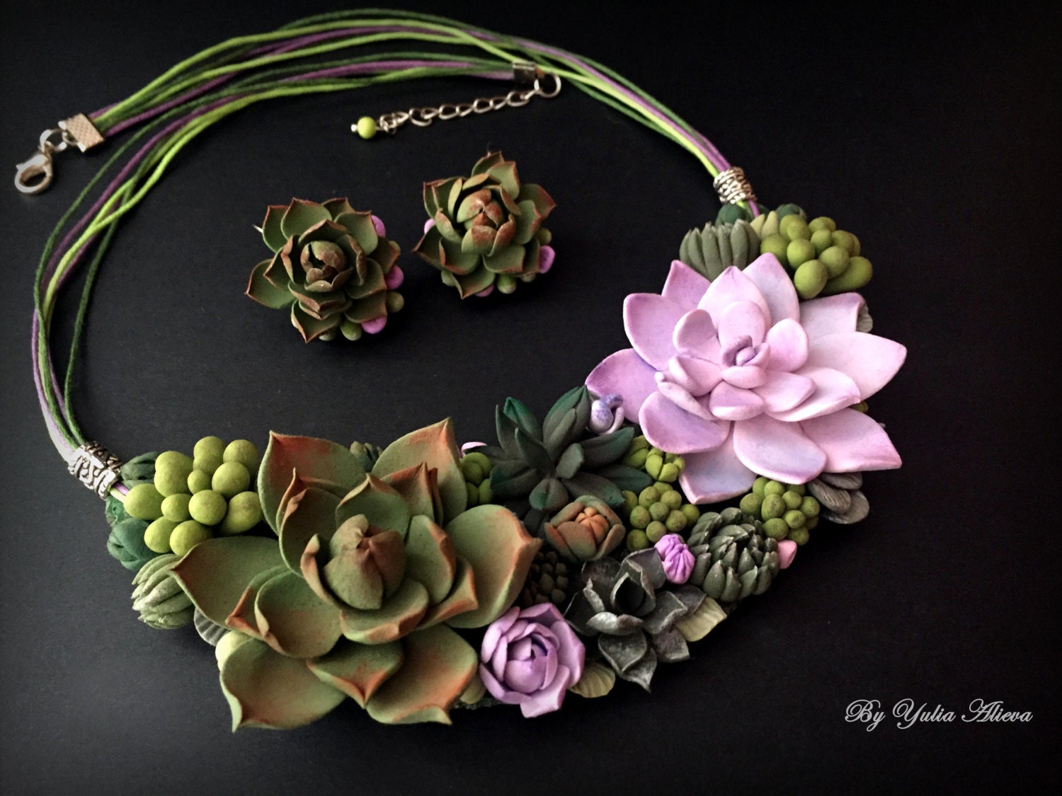 Green Succulent jewelry. Polymer clay necklace. Polymer clay