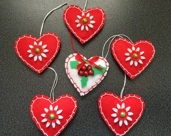 lot de 6 coeurs en feutrine,décoration de noel à suspendre au sapin, fait main unique