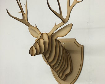 Large/ Small Wooden Deer Head Kit Wall Art Decor - Laser Cut Stag Head With Antlers 3D Animal Head