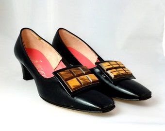 Vintage 1960s Pumps | 60s Vintage Leather Black Pilgrim Pumps | Citations | New Stock | Never Worn | Size 7