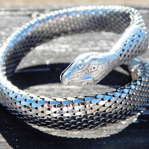 Whiting Davis Snake Bracelet / Mesh Coil Serpent / Cleopatra / 1960s Cuff / Egyptian Revival