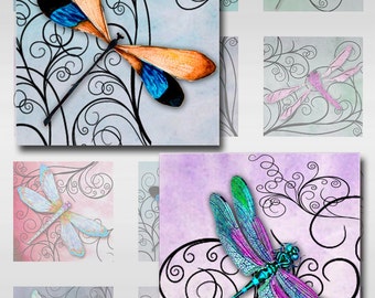 Dragonflies Swirls Pastel Watercolor Paper Instant Download Resin Glass Scrabble Tile Pendants Square 1 and 2 inch Jpeg Images (S-18)