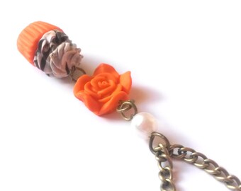 Orange Cupcake Necklace ( brass necklace polymer clay jewelry cute necklace food necklace cupcake jewelry cupcake charm orange necklace )
