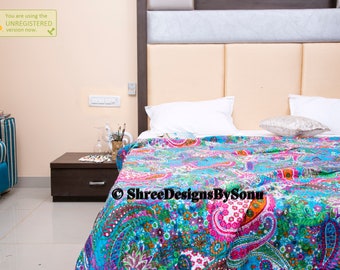 Blue Kantha Throw Quilt Gypsy Hippied Bed Covers Thrown Indian Rallies Ralli Saree REversible Bedspreads Handmade Stiched Quilt Double