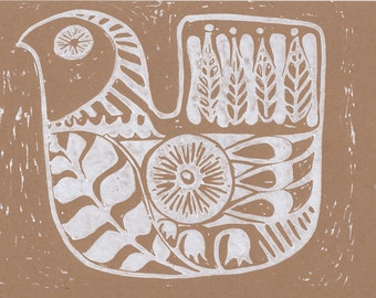 Hand printed Lino Block Print "Soul Bird"