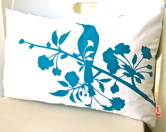 Teal Print on Off White Blooming Blossom Rectangle Pillow
