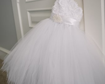 White One shoulder tutu flower girl dress and matching flower headband