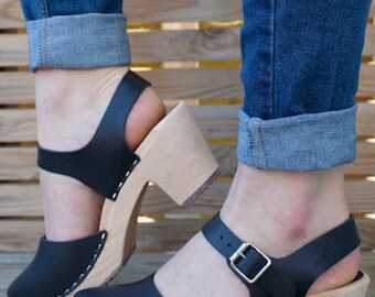 Swedish Clogs Highwood Black Leather by Lotta from Stockholm / Wooden Clogs / Sandals / High Heel / Mary Jane Shoes / Made in Sweden /