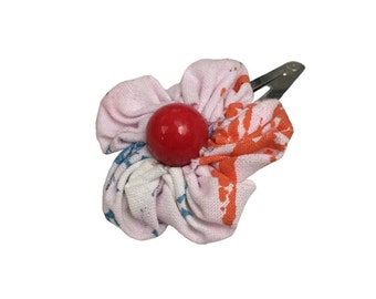 Boho Kanzashi Flower Hair clip, barrette, Tania Bishop Artisan fabric, pink orange blue, red bead, origami box, Artisan Gift, Mother’s Day