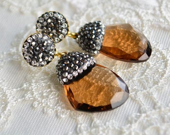 Brown Dangle Glass Earrings, Honey Tan Peanut Wood Caramel Color Drop Jewelry Brunette Walnut Tawny Cinnamon Glass Faced Gemstone Bridal