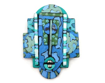 Modernist Brooch - Blue Painted Abstract Modern Studio Jewelry