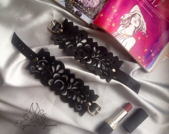 Black Laser Cut Leather Lace Leather bracelet Bracelet made from lace Bracelet handmade gift