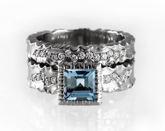 Unique ring set, matching engagement and wedding ring, matching rings, aquamarine engagement ring, blue diamond ring, modern wedding band