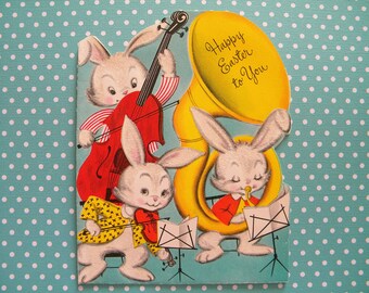 This Listing is RESERVED-Vintage Unused Easter Card Bunny Rabbits Playing Music Anthropomorphic