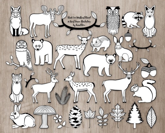 Black White Woodland Clipart Doodle Animal Scrapbooking