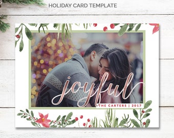 Rose Gold Christmas Card Template 5x7, Rustic Photo Christmas Cards Printable, Joyful Christmas Photo Card, Photo Holiday Card, mc190