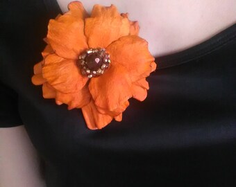 Leather flower brooch, Leather jewelry, Orange flower, Leather brooch, Wedding jewelry, Handmade brooch.