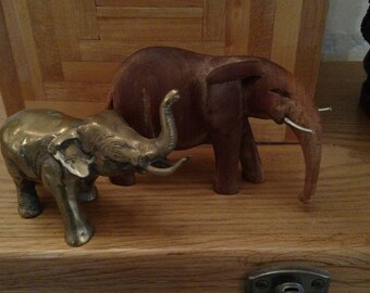 Set of Two Vintage Elephants Brass and Wood