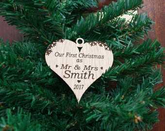 Personalised Bauble Wooden Our First Christmas, Mr & Mrs Heart Decoration, Oak