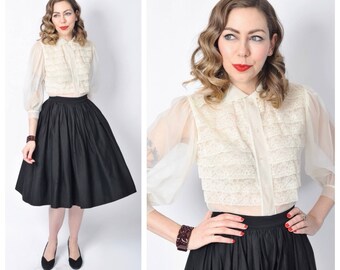 Vintage 1950's White Nylon Sheer Blouse with Bishop Sleeves/ 50's Semi Sheer Lace Front Blouse/ White Shirt Top
