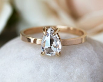 Pear Shaped Diamond Engagement Ring, Rose Cut Diamond Ring, One Carat White Diamond, 14k Yellow Gold Engagement Band, Conflict Free