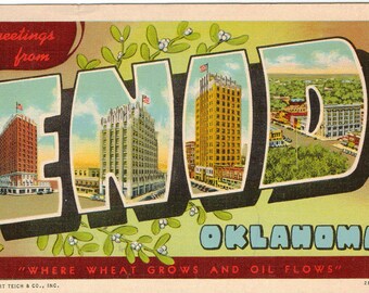 Linen Postcard, Greetings from Enid, Oklahoma, Where Wheat Grows and Oil Flows, 1943