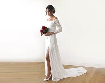 Ivory Wedding Dress, Wedding Dress With A Slit & Train, Off Shoulder Wedding Dress, Floral Lace Long Sleeve Maxi Dress, Wedding Dress 1179