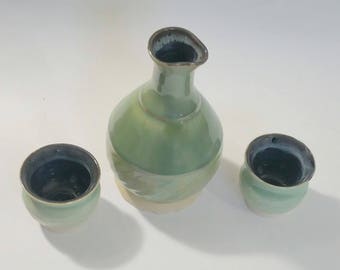 2 Cup Sake Set in a Soft Lime Green and Black - Wheel Thrown Pottery - Microwave and Dishwasher Safe