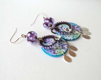 Purple Polka Dot Earrings, Flower Earrings, Lampwork Glass Bead Earrings, Polymer Clay Earrings, Wire Wrapped Earrings, Boho Chic Earrings