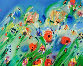 Original painting Abstract painting Floral oil painting Abstract art Flower painting Red flowers Blue sky Modern art Ukrainian art