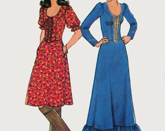 Vintage 1970s Boho Romantic Lace-Up Dress w/ Scoop Neckline in Two Lengths Sewing Pattern Simplicity 7327 Size 16 Bust 38 UNCUT