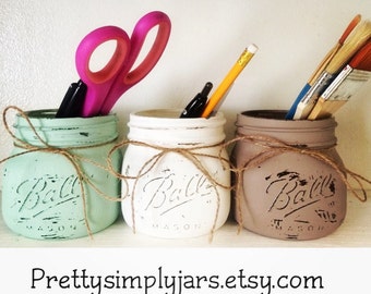 Set of 3 ELITE Wide Mouth Mason Jars - Painted - Distressed - Bathroom Decor - Office Supplies - Rustic - Home Decor - Kitchen - Flower Vase