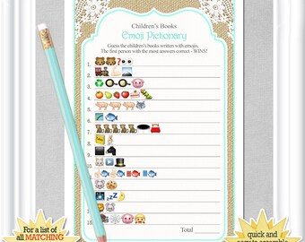Instant Download Children's Books EMOJI Pictionary in a country/rustic theme with aqua accents and burlap, ANSWERS included, 132BA