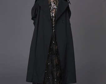 Black 60s coat / Coats women / Black spring coat / Black asymmetrical coat / Coat 60s / Full length coat / Extravagant clothing / Coat women