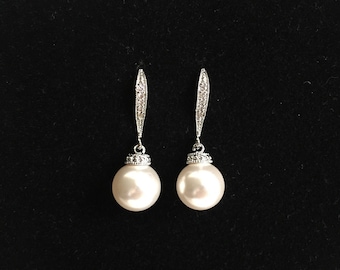 Pearl drop earrings silver earrings dangle pearl earrings dangle. Swarovski bridesmaid pearl earrings, bridal earrings pearl drop wedding