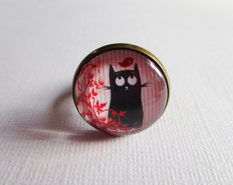 "Cute cat", bronze cabochon, costume jewelry ring