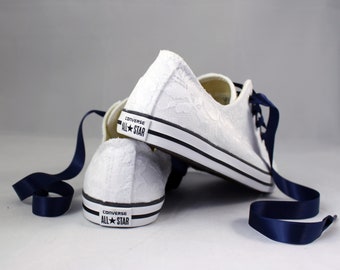 Bridal Converses --White Lace Converse Navy-- Wedding Tennis shoes - Wedding Converse